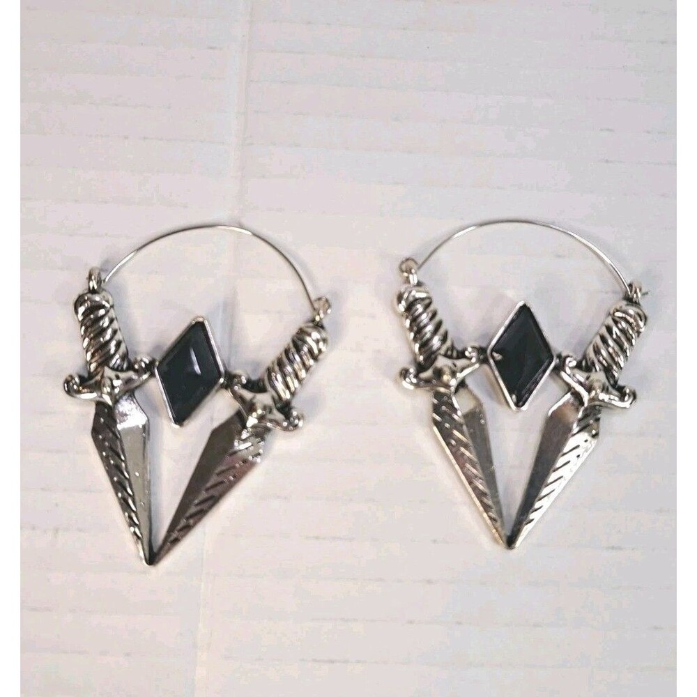 Double Dagger Plug Hoop Earrings Black CZ 20G 316L Stainless Steel Pair Goth